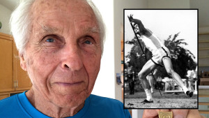Bud Held, Olympian and world record setter. Photos by Ken Stone and (inset) nemethjavelins.hu