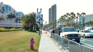 Barricades being installed Thursday afternoon outside the San Diego Convention Center. Photo by Chris Jennewein