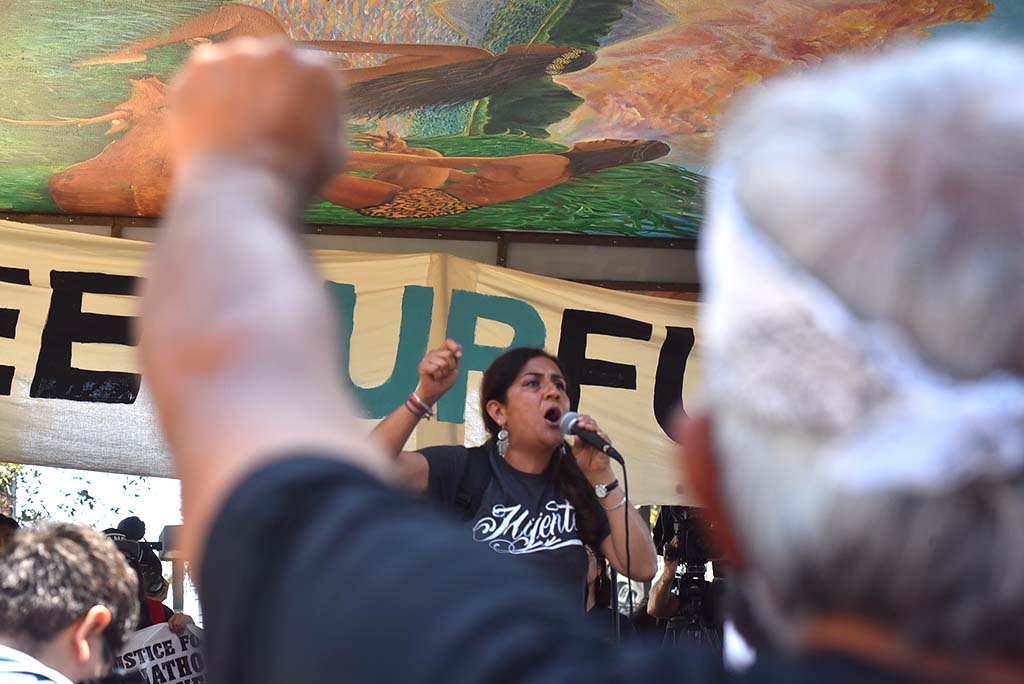 Adelina Nicholls of Mijente speaks at Chicano Park rally calling for abolition of ICE.