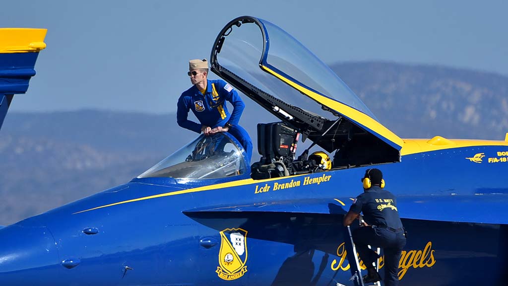 Lt. Cmdr. Brandon Hempler takes his seat in his Blue Angel before the performance.