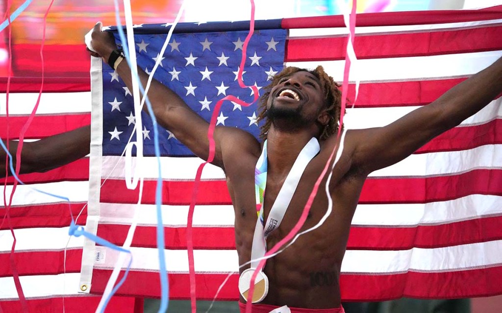 Noah Lyles celebrates after winning the 200m race at World's Athletic Championship. Photo by Chris Stone