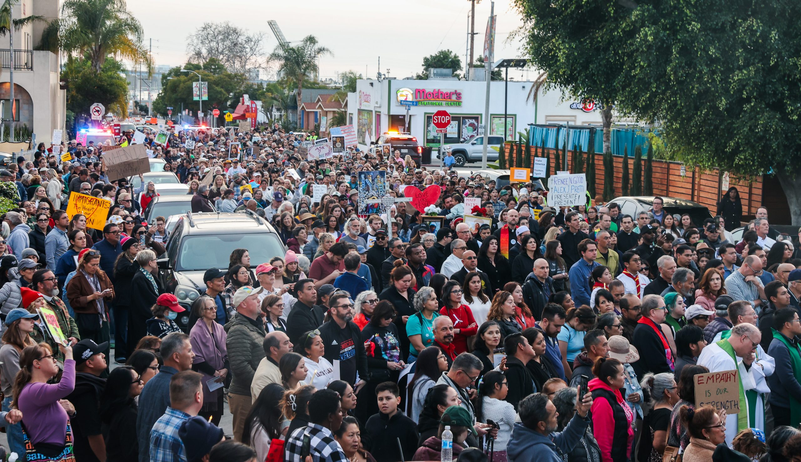 Hundreds of people gathered in La Jolla and marched through downtown Sunday — but the largest response by far was in Barrio Logan.